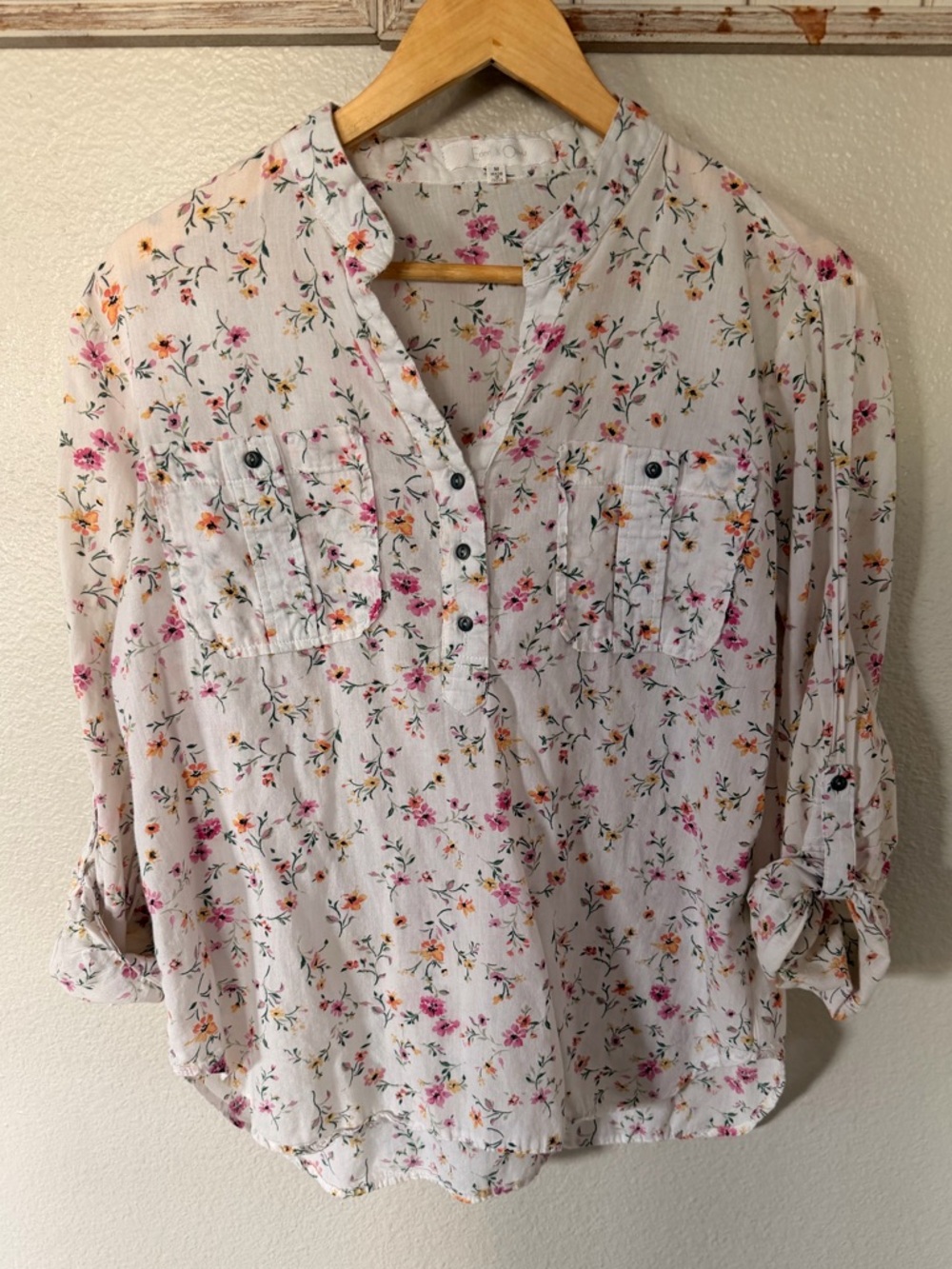 Floral Button-Front Blouse in Cream with Pink and Orange Blooms